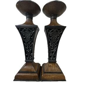 Set 2 Rustic Resin Dark Wood Pattern Pillar Candle Holders 11 Inch Ornate Metal
